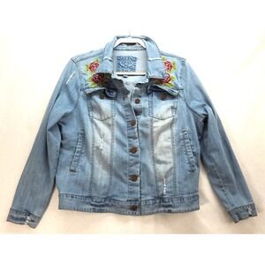 Odyn Rose Embroidered‎ Blue Denim Distressed Jacket Boho Hippie XL